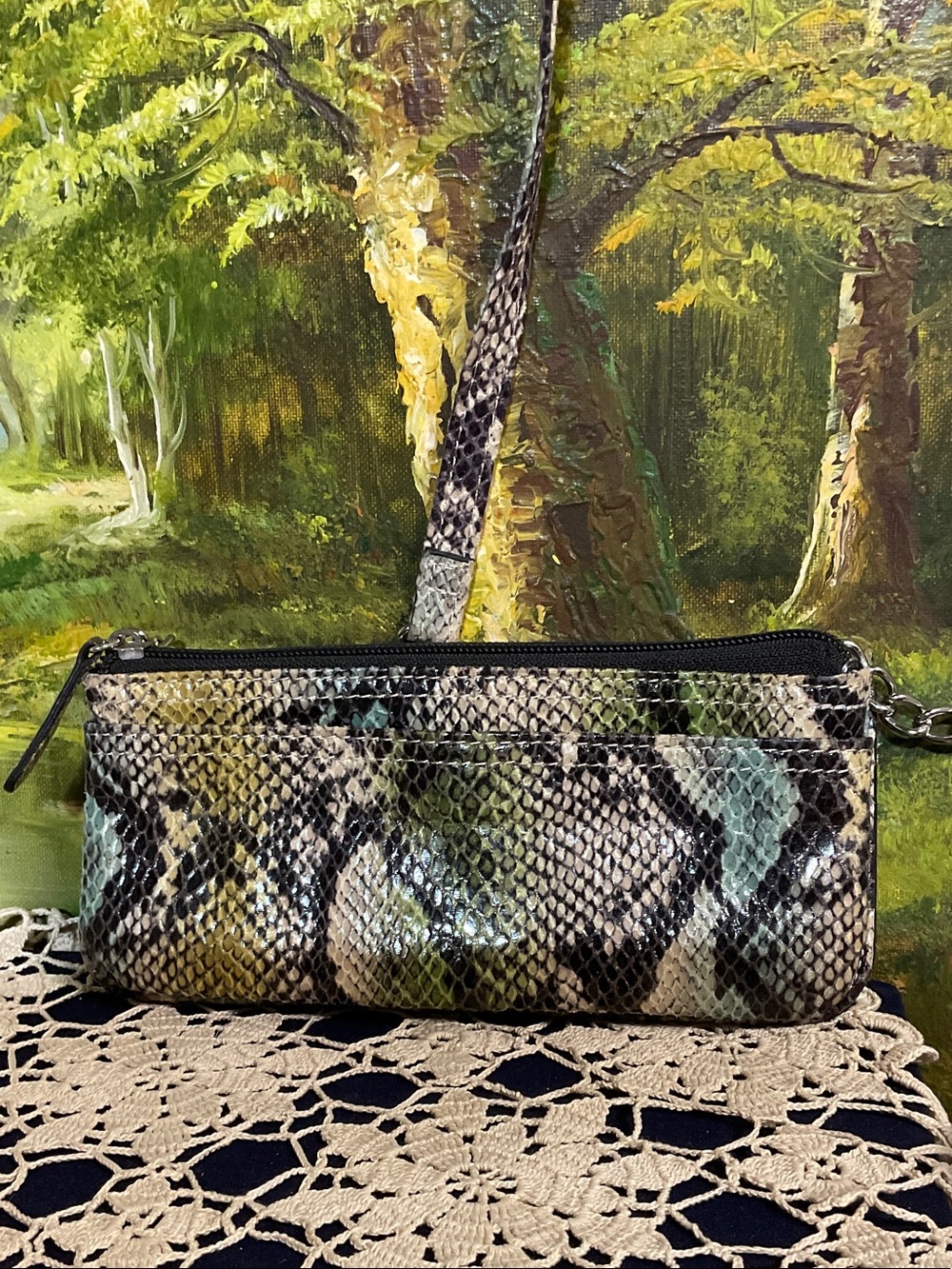 Snake-Print Leather Wristlet Clutch in Green and Black